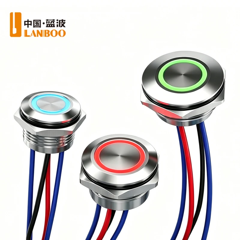 

LANBOO 5-24V 16/19/22mm IP67 waterproof push button Momentary Touch switch LED luminous color Stainless Steel for marine equipme
