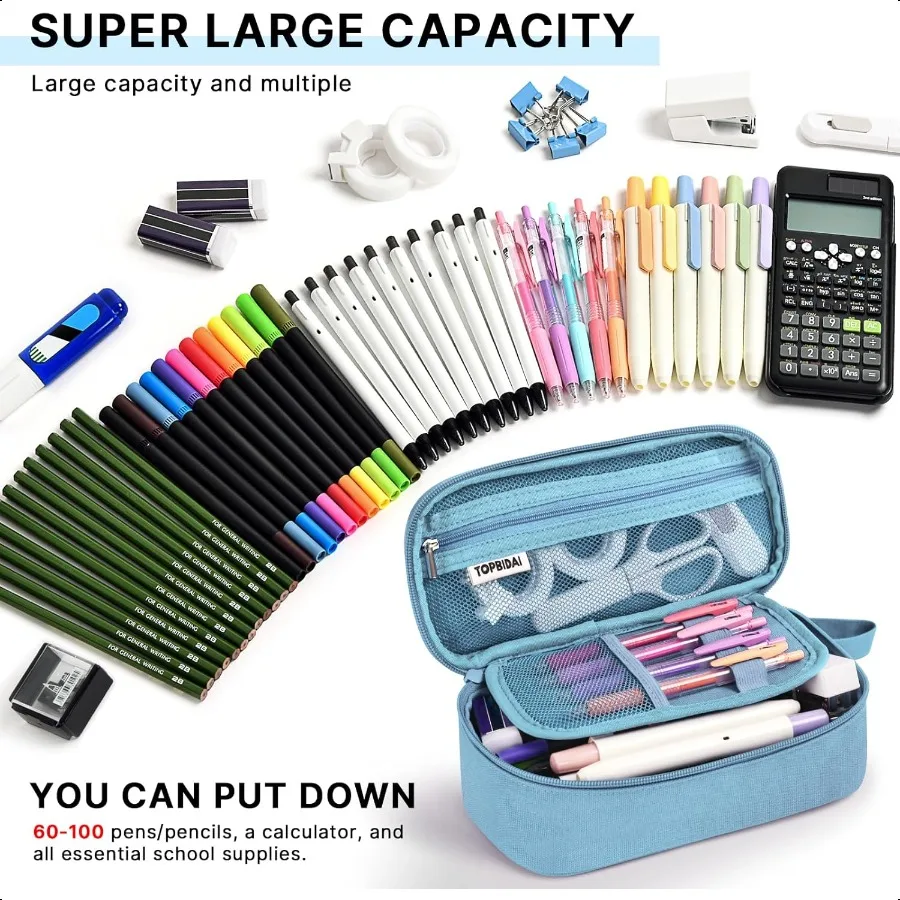 حقيبة مقلمة كبيرة للفتيات والأولاد ذات سعة كبيرة من القماش حقيبة أقلام رصاص للمكتب والكلية والمدرسة متعددة الأقسام وسحاب أدوات مكتبية