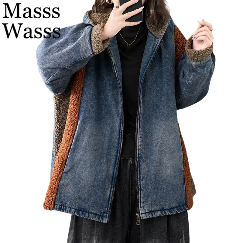 

Mass Wasss зимние утепленные меховые пальто для отдыха женские свободные модные джинсовые хлопковые парки с капюшоном женские теплые винтажные стеганые куртки