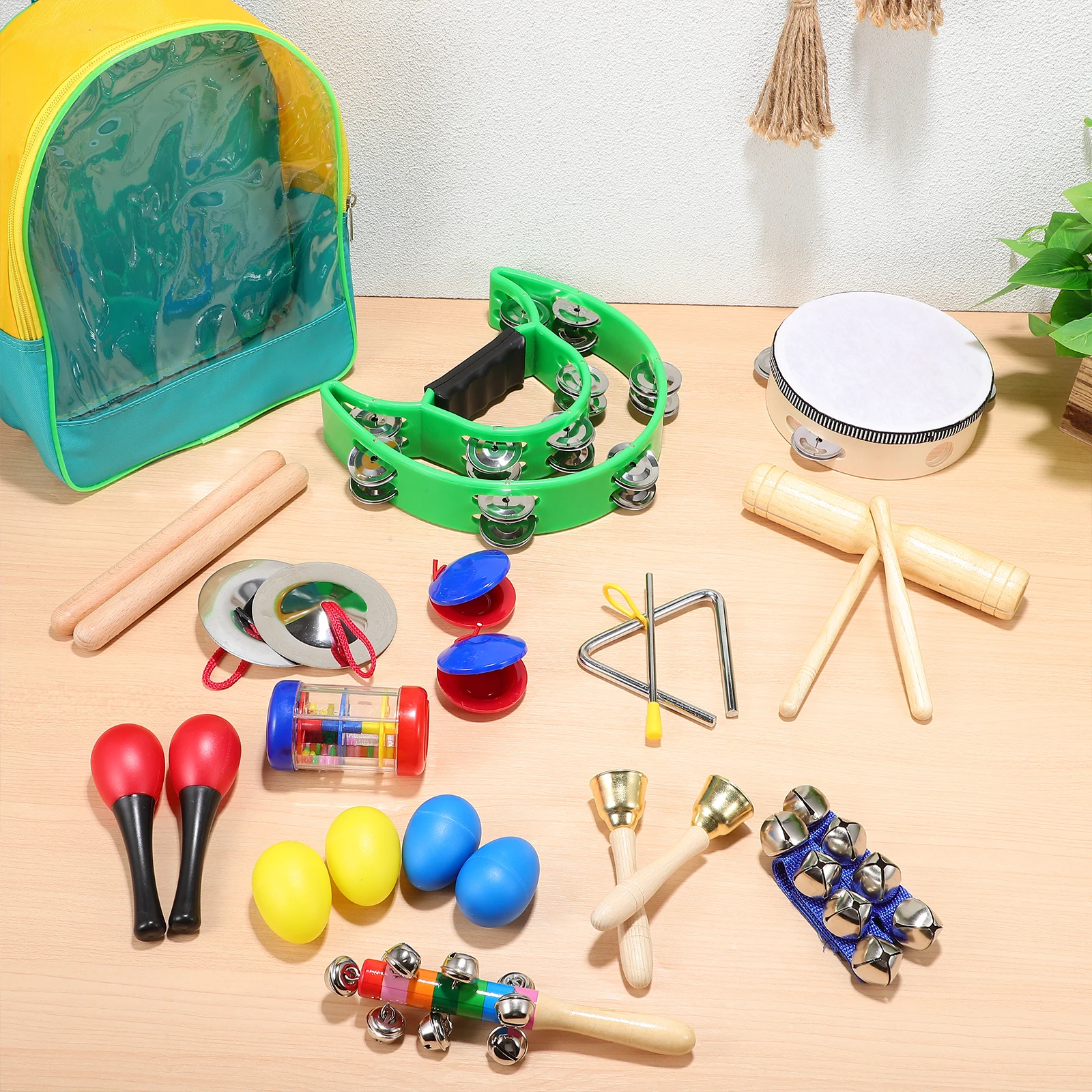 

14 Pcs Percussion Instrument Set Tambourine for Adults Backpack Small Wood Instruments