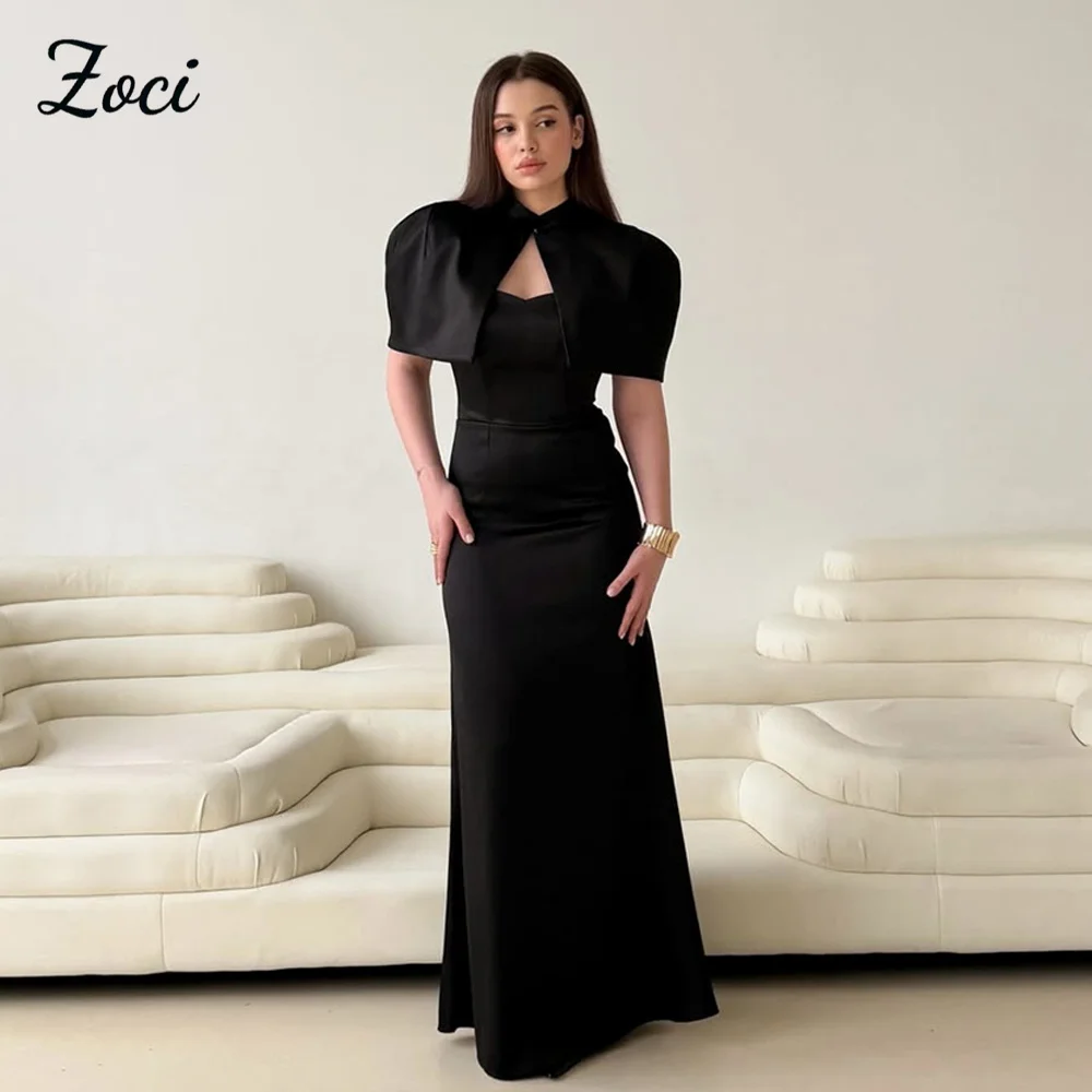

Zoci 2 in 1 Black Prom Dresses Mermaid Satin Vestidos Para Mujer Cape Short Sleeve Formal Robes De Soirée Customized