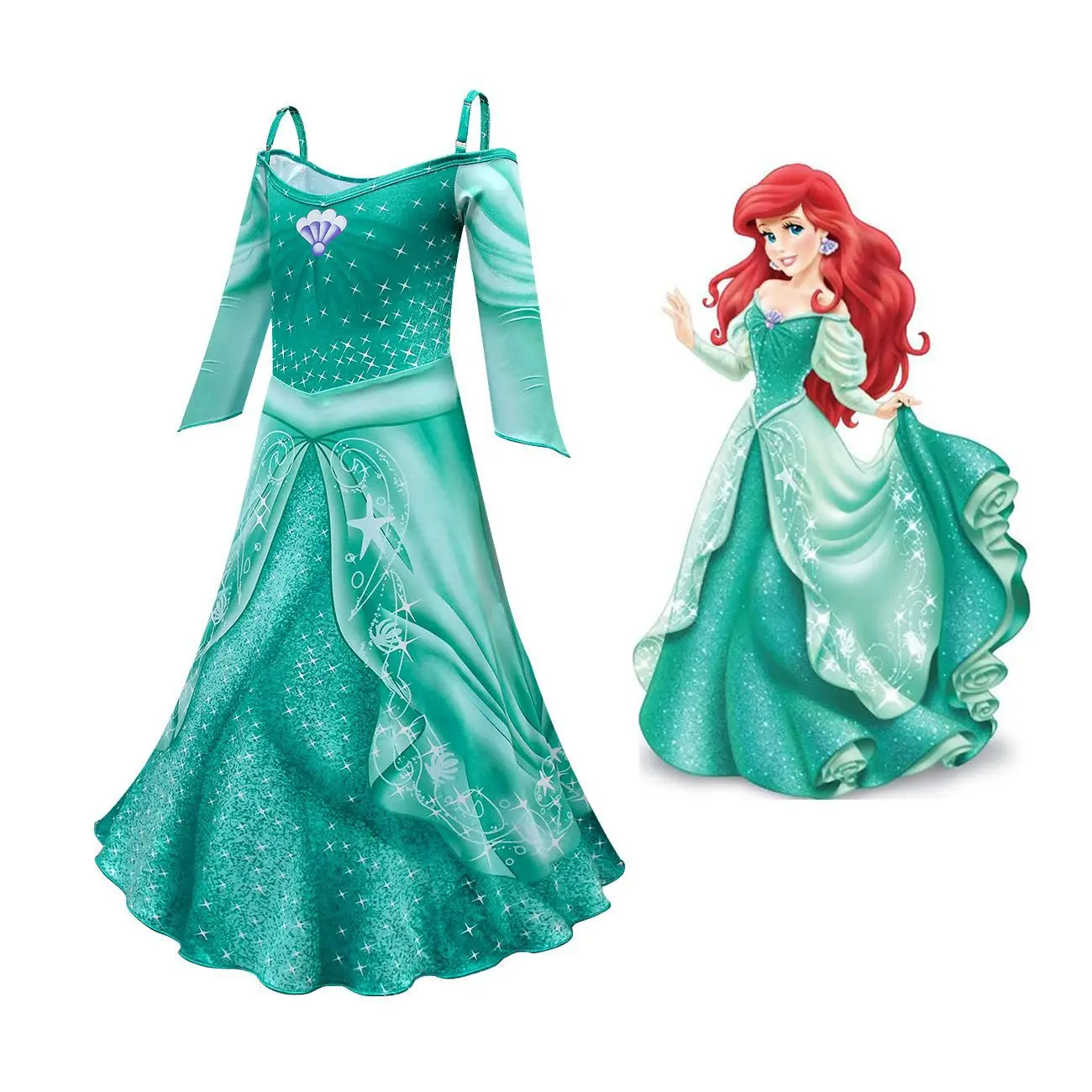 Movie Disney Character Ariel Princess Cosplay Costume Children\'s Pink Dress Green Princess Maxi Dress Suspender Dress Girl Gift