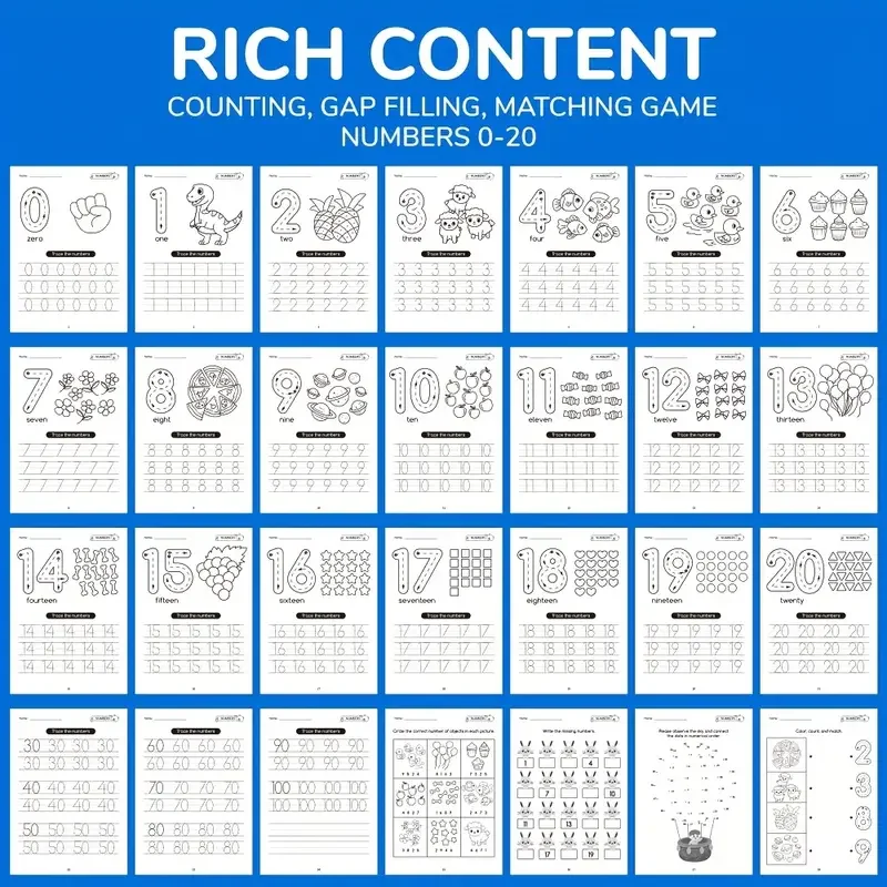 مصنف تتبع الأرقام - ممارسة التحكم في القلم للأطفال، كتاب تعلم الرياضيات، تتبع الأرقام 1-100 الواجبات المنزلية، كتاب تعليمي #6