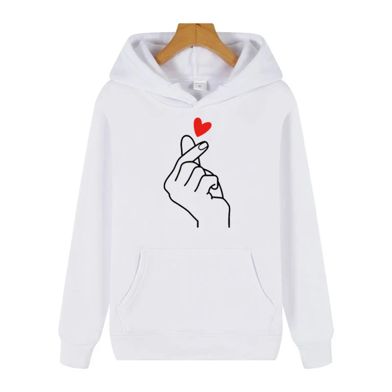 Women Hoodies Casual Kpop Finger Heart Love Pattern Hooded Sweatshirts Fashion Drawstring Long Sleeve Female Pullovers