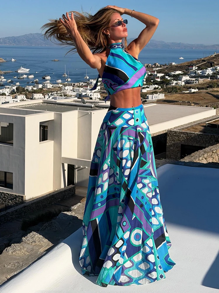 Spring Summer Fashion Resort Elegant Geometric Print Cotton Long Skirt Women's Middle Waist Slim A-Line Big Swing Skirt