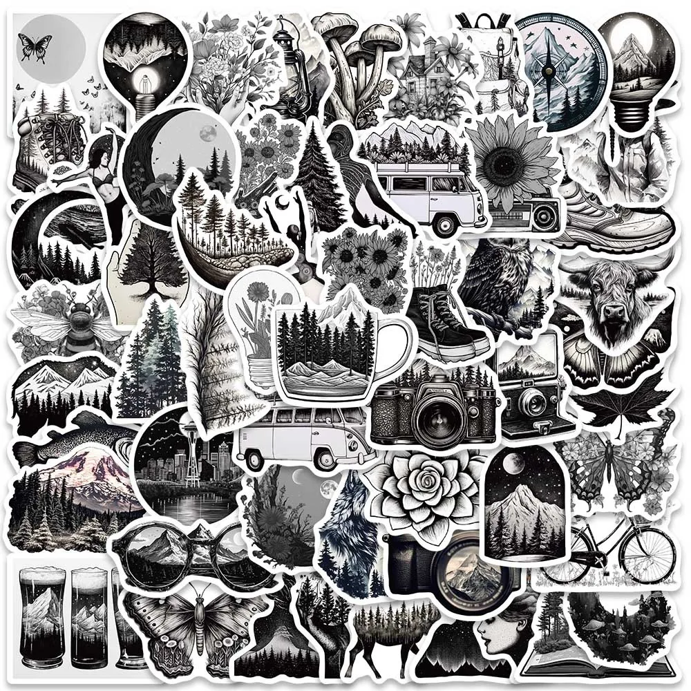 10/60PCS Black White Gothic Outdoor Landscape Stickers Aesthetic DIY Luggage Bike Skateboard Graffiti Girl Gradient Sticker Toy