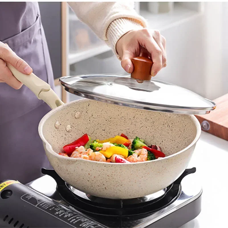 Wok Kitchen Non-stick Pan Maifan Stone Skillet Aluminum Frying Pan Japanese Household Woks Kitchen Cookware Cooking Pot with Lid