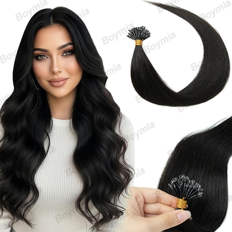 BOYMIA Nano Bead Hair Extensions Human Hair 12-22 Inch Nano Ring Extensions Natural Black Remy Real Human Hair Silky Soft 30G