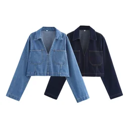 Kar&Otza 2024 Autumn New Product  Casual Women's  Wear V-shaped Short Denim Long Sleeve Collar Shirt