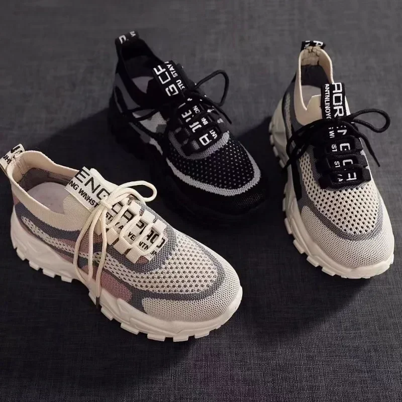2024 New Fly Woven Mesh Casual Breathable Sneakers Korean Style Thick-Soled Daddy Shoes Mesh Red Shoes Light Running/ Shoes