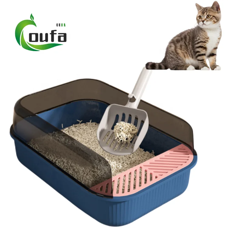 

OF New Design Semi Closed Splash Proof Plastic Cat Litter Tray Cat Litter Box Toilet With Shovel