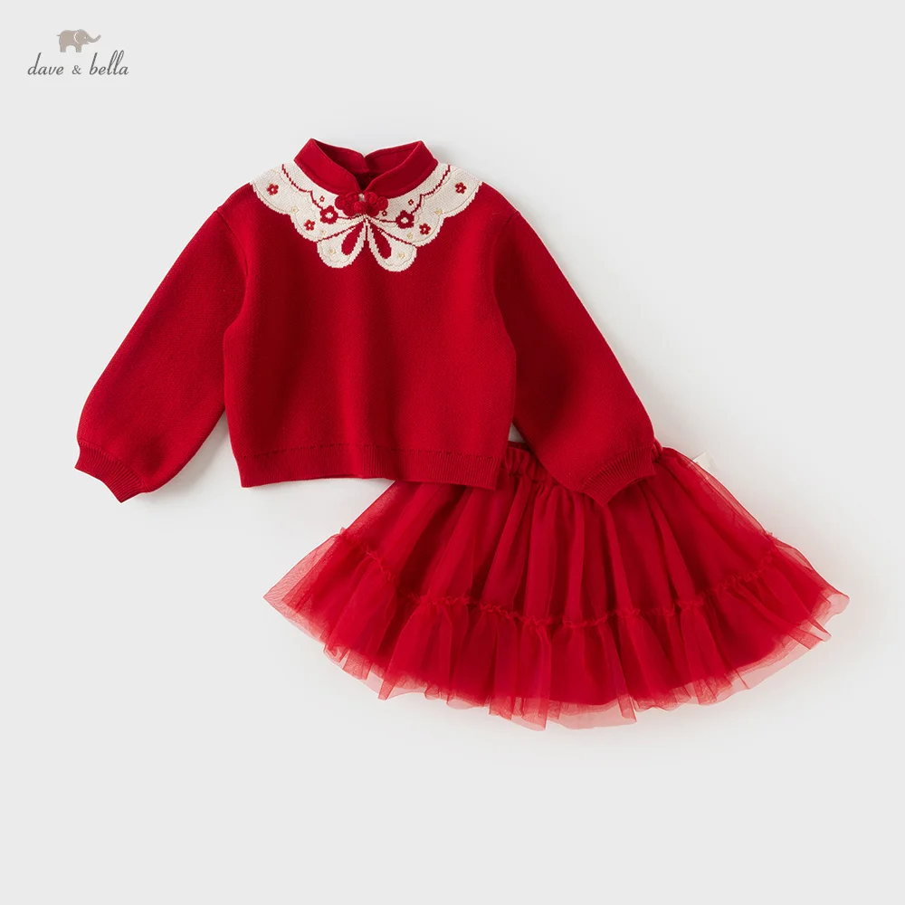 Dave Bella Girls' Sweater Short Skirt Two Piece Set Winter Children's Soft Warm Set Kids' Cute Trendy Red Clothes DB4254348