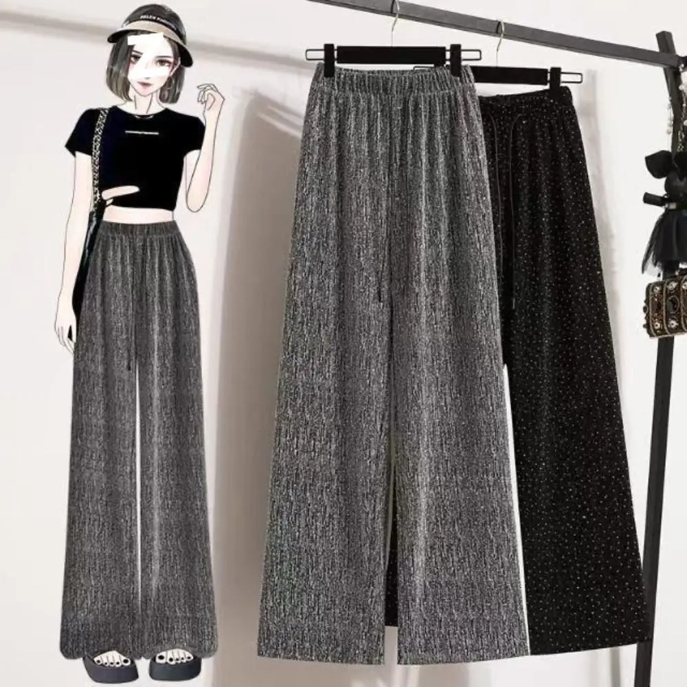 Hotfix Rhinestone Star Sky Trousers Loose High Waist Drawstring Waist Straight Pants Breathable Thin Sparkly Casual Trousers