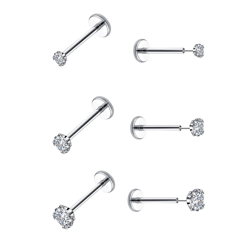 3Pcs/Lot 20G Push-in Lip Ear Tragus Labret Piercing Set Stainless Steel Flat Back Threadless Stud Earrings for Cartilage Helix