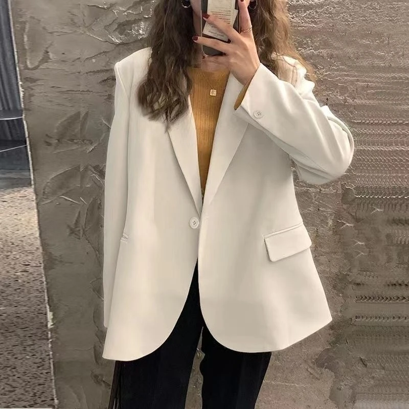 

Women's Korean Style Student Off White Oversized Single Button Plain Casual Blazer Spring Autumn Jacket Influencer Wear To Work