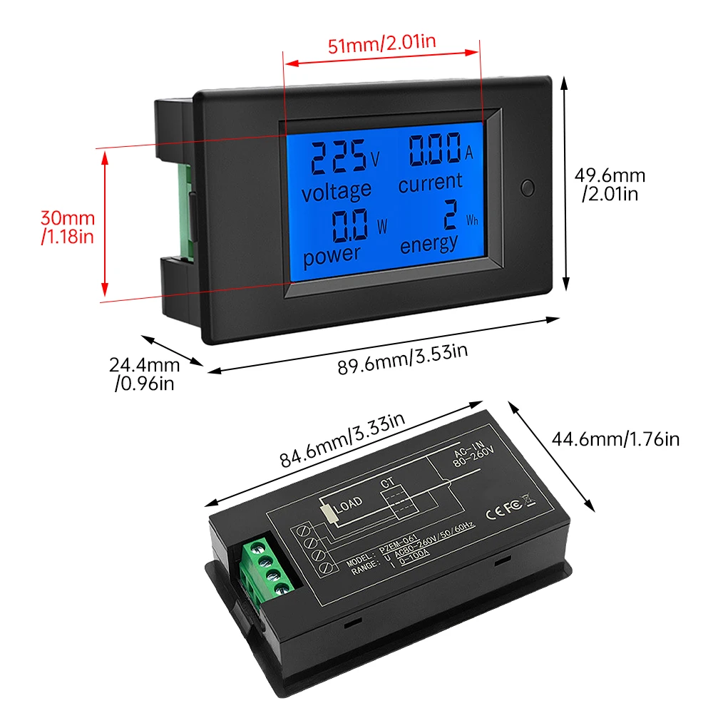 20A 100A AC 80-260V DC 6.5-100V Digital LED Display Voltmeter Ammeter Wattmeter Power Energy Meter 12V 24V 110V 220V Volt Tester