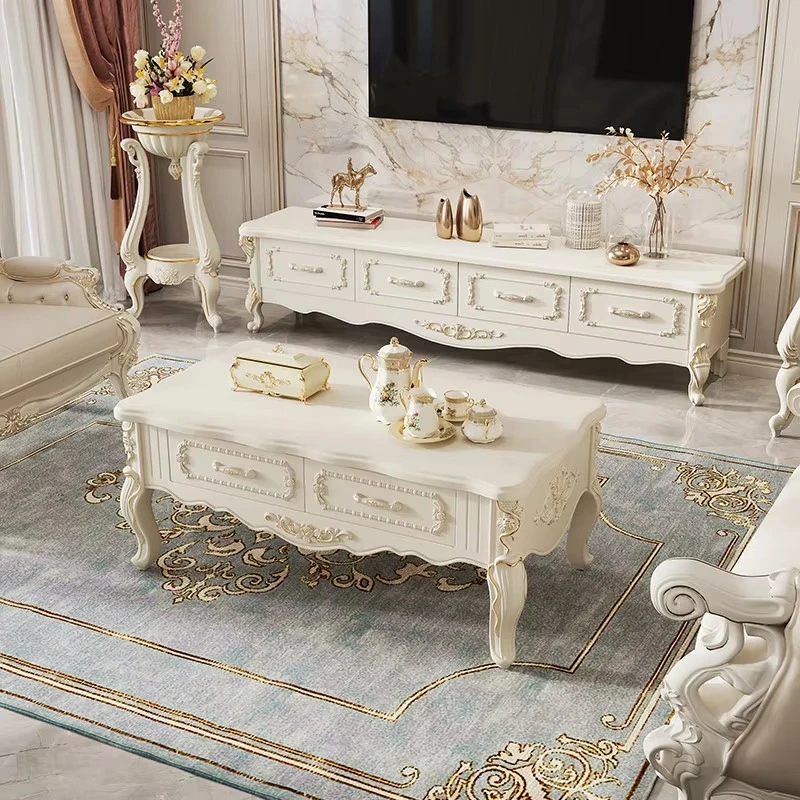 European Style Modern Coffee and Tea Table Set Simple Carved Long Table for Small Apartment Living Room Wood Panel Design