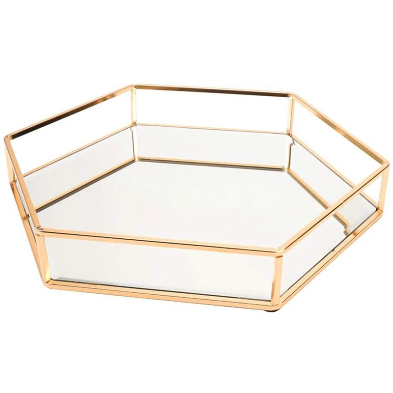 Golden Geometric Mirror Jewelry Tray, Cosmetics Jewelry Glass Storage Tray, Jewelry Crafts (Random Style)