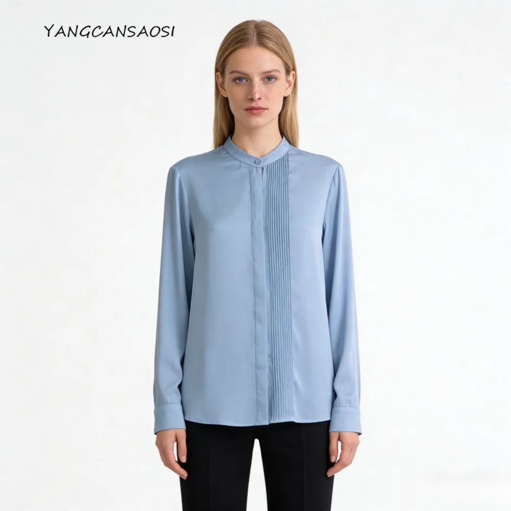 

Women's Fashion Clothing 91.8% Natural Mulberry Silk Elastic Satin Professional Versatile Simple Temperament Long-sleeved Shirt