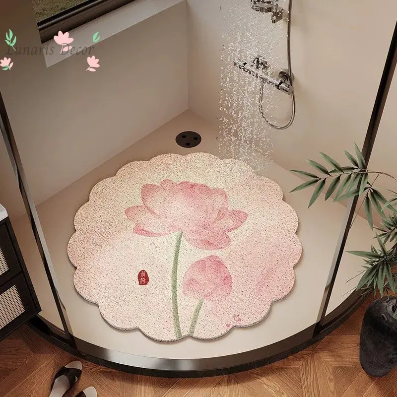 New Chinese lotus round bathroom non-slip mat, bathroom silk ring floor mat, shower room special anti-drop foot pad for bathing