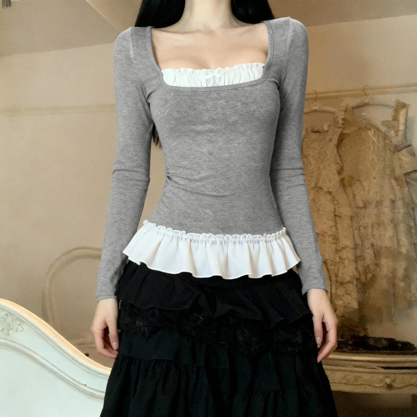 Herfst en winter lotusblad rand zoet slim fit vierkante hals strik patchwork nep tweedelig T-shirt met lange mouwen voor dames