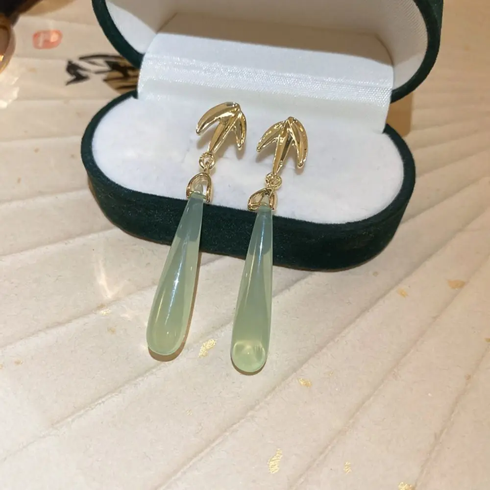 Fresh Bamboo Leaf Drop Earrings Retro National Tide New Chinese Ear Stud Cool Temperament Simple Water Drop Earrings Female