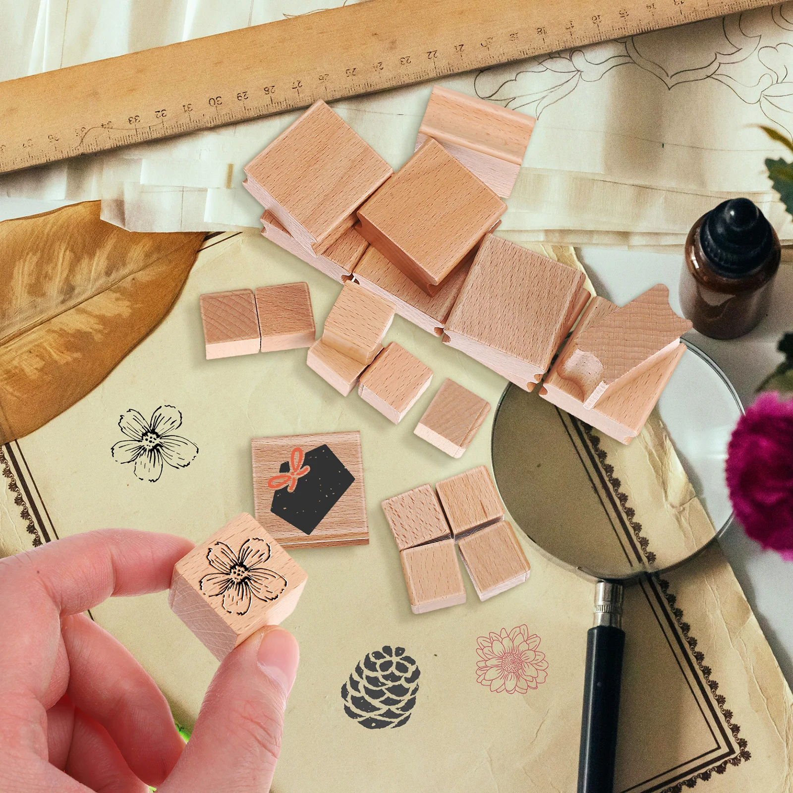 

20pcs Hardwood Stamp Blocks Square Wooden Unfinished Diy Carving Grooved Craft Stamps For Kids Creative Projects Cards Making