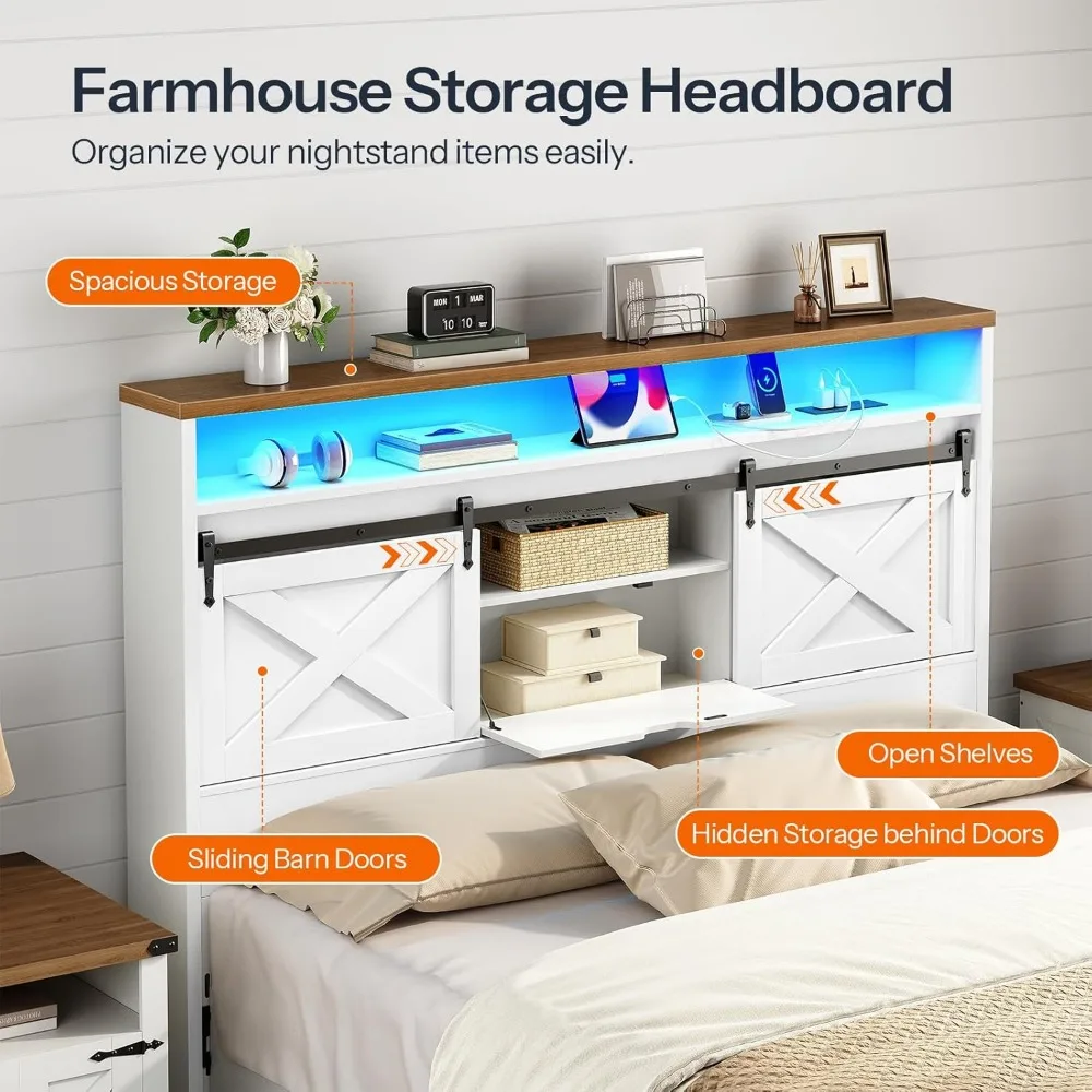 اللوح الأمامي بحجم كوين مع مساحة تخزين، ولوح أمامي Farmhouse Queen فقط مع محطة شحن وأضواء LED، ولوح أمامي لخزانة الكتب #5
