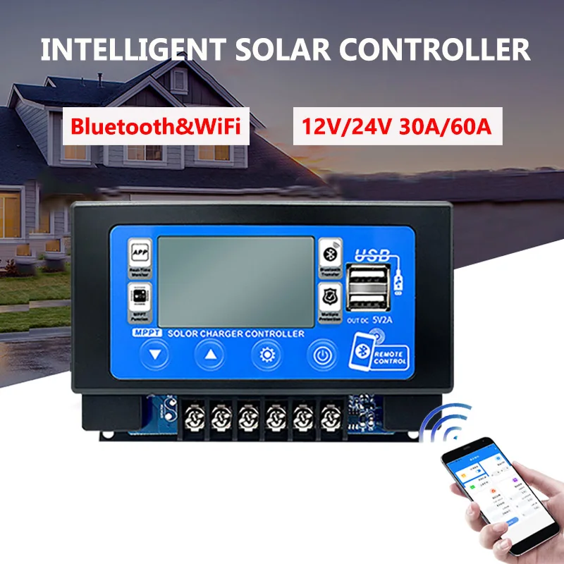 30A 60A MPPT Solar Controller with Bluetooth WiFi 12V/24V Solar Charge Smart Controller Dual USB LCD Large Digital Display