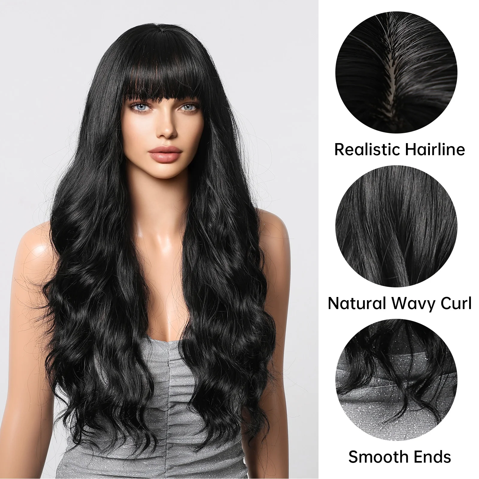 Black Brunette Wigs Long Curly Wavy Synthetic with Bangs Natural Party Daily Wig Hair for White Women Girls Heat Resistant Fiber