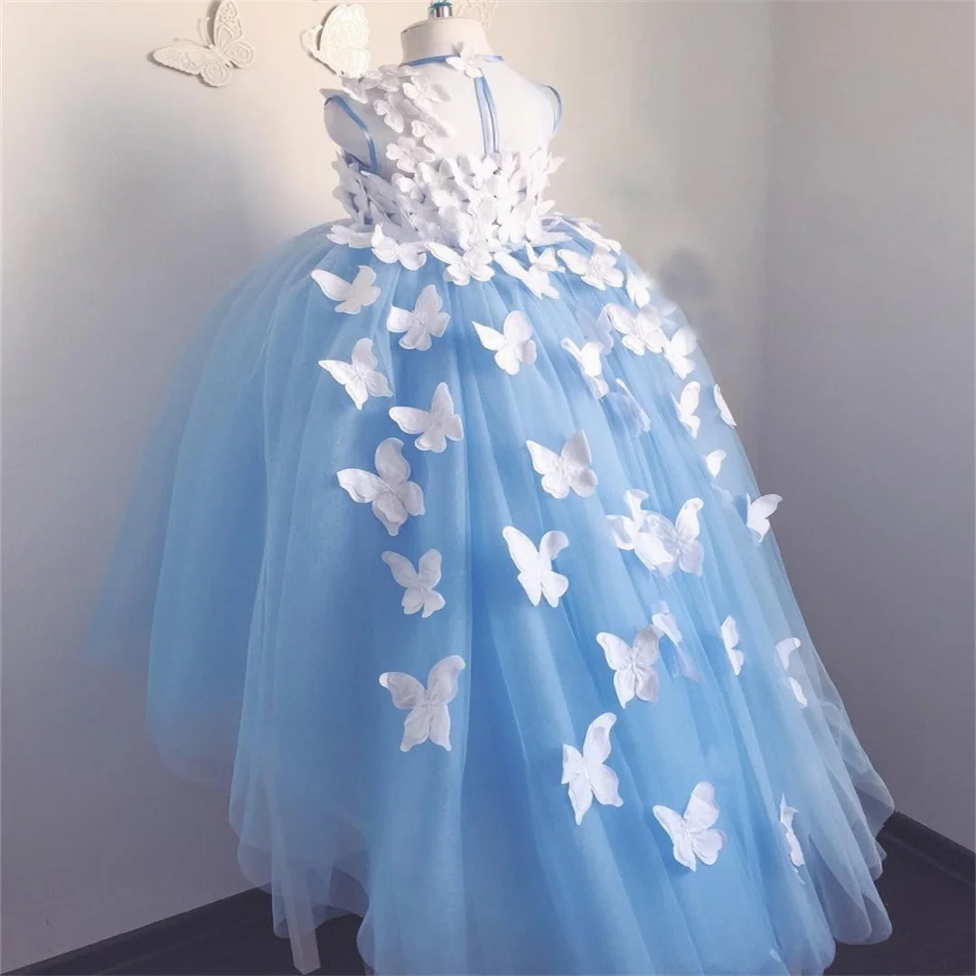 Aangepaste Applicaties Tule Paars Oude Baljurk Bloemenmeisjes Jurken Tule 3D Bloemen Applicaties Optocht Jurken Vlinder Com