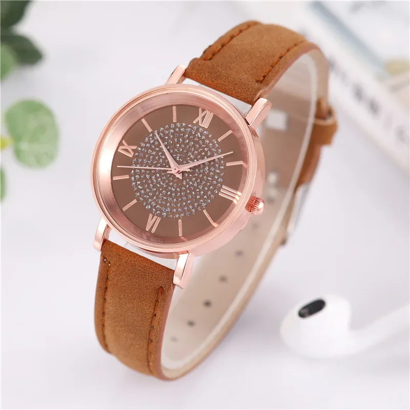 Round Face Rhinestone Star Sky Silver Pink Women for Watch Leisure Fashion Trend Frosted Band Vintage Quartz Wrist Watches Clock