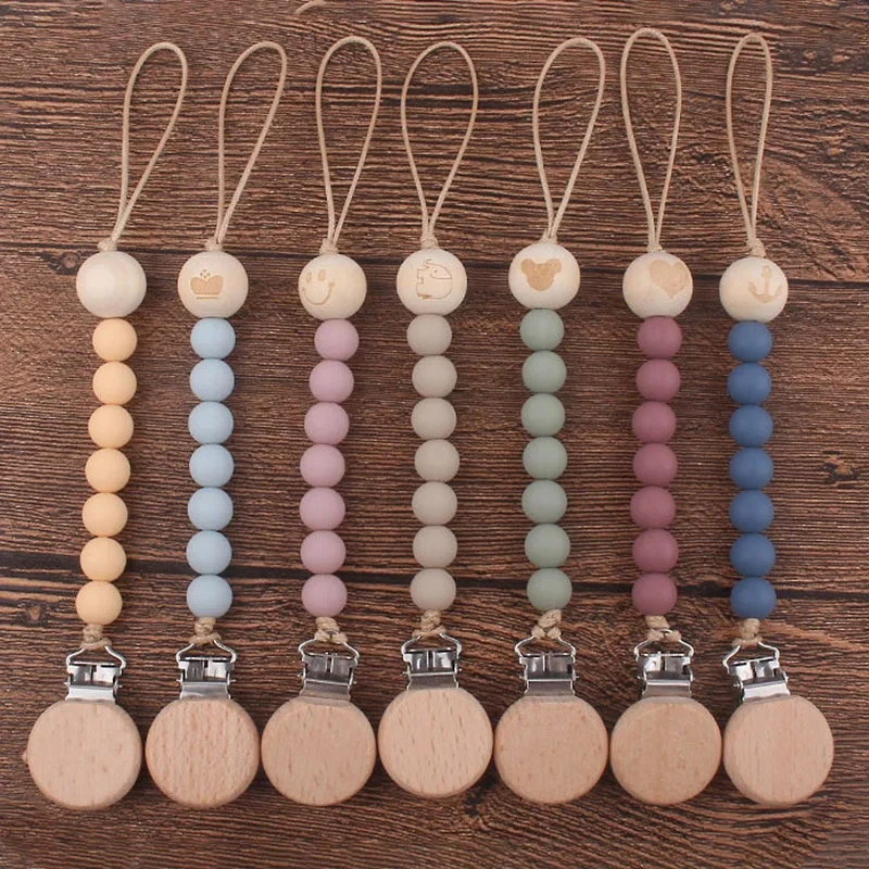 Cartoon Wooden Baby Pacifier Clip Silicone Bead Infant Teether Soother Anti-drop Chain Newborn Teething Toy Dummy Nipple Holder