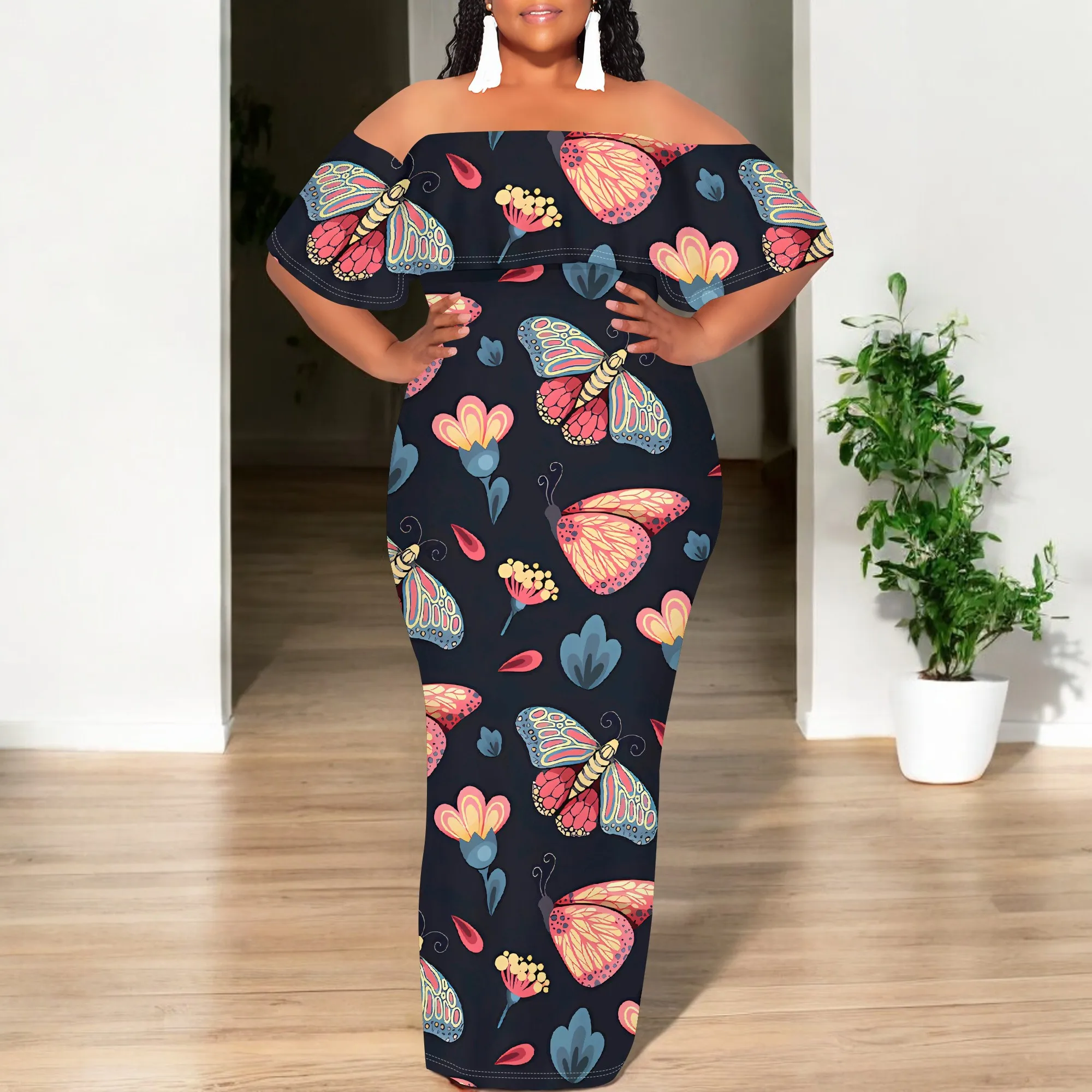 Women's Fashion 2025 Spring/Summer New Customized Casual Loose Swing Collar Printed Butterfly Beach Dress