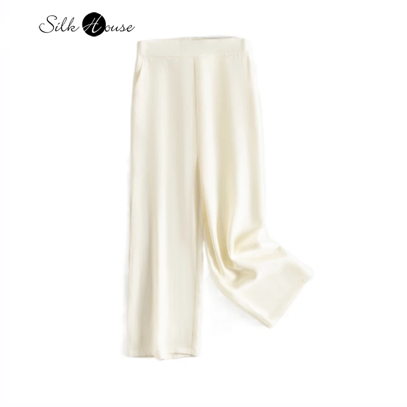 

30MM Heavy Weight Natural Mulberry Silk Beige Elastic Waist Casual Versatile Women's Fashionable Wide Leg Pants