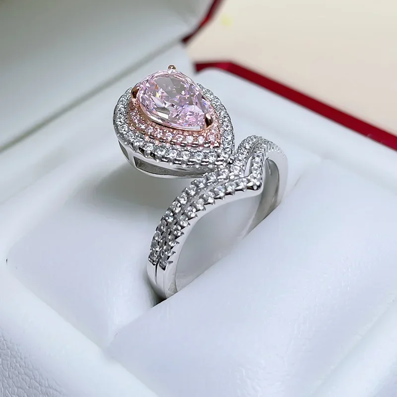 100% 925 Silver Ring Pear Shaped Cherry Blossom Pink Diamond Ring Queen Gift Temperament Versatile Wedding Jewelry