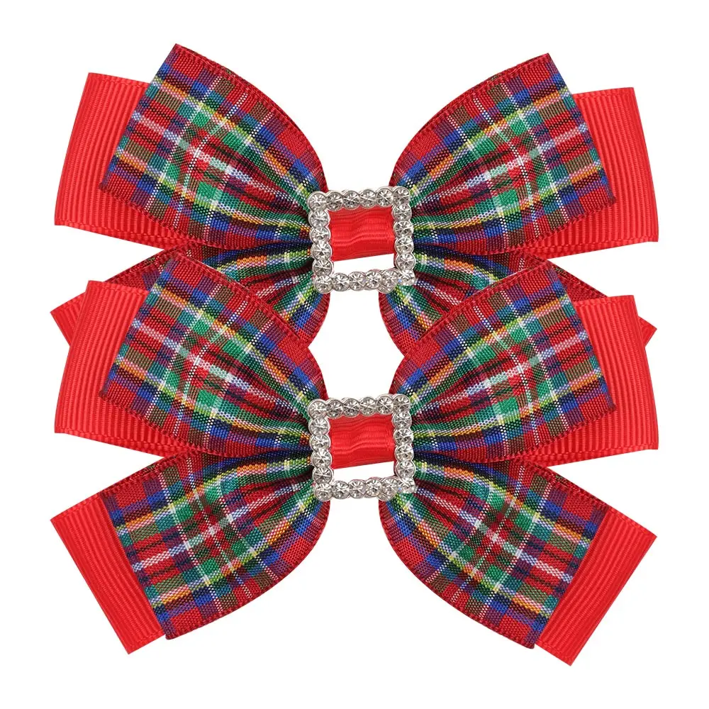 3inch 2pcs/Set Christmas Rhinestone Hair Clips Girls Red Green Plaid Bows Hairpins Festival Party Gift Children Hair Accessories