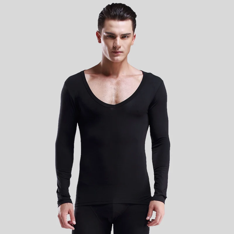 Calzoncillos largos térmicos modal con cuello bajo y cuello en V para hombre, capa base de una sola pieza, suéter de algodón, top fino