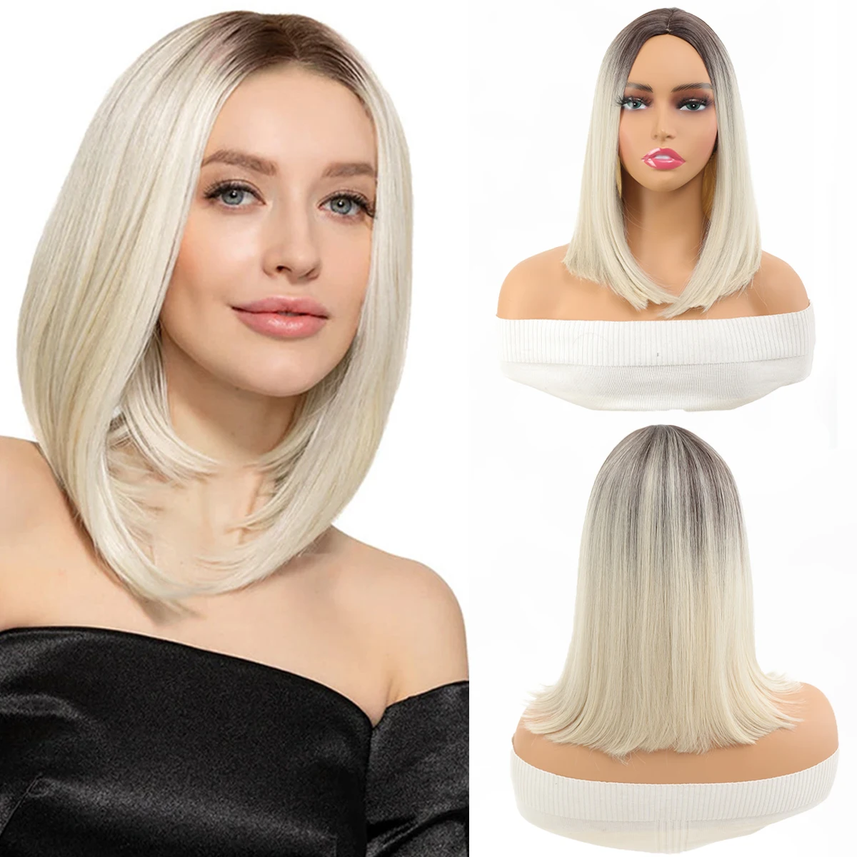 

Synthetic mid-point gradient gold women's daily wear wigs without bangs natural heat-resistant bob wigs