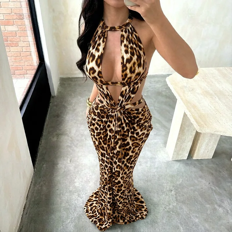Zm26466 Leopard. Print Suspend Clothes Erotogenic Hollow Out Waistless Pleated Smart Fit Body Long Clothes Robe Y2k、