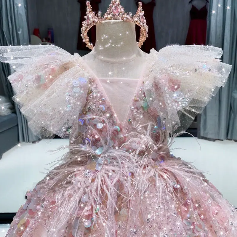 

Children's Cloths Elegant Princess Dress Baby Girl Wedding Ceremony Prom Lolita Feather Dresses Toddler Girls Summer Party Dress