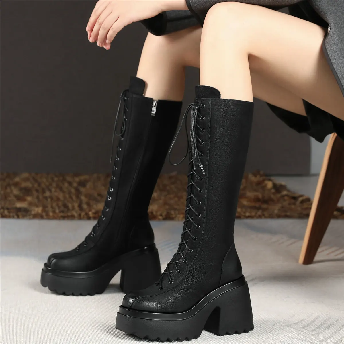 

Winter Creepers Women Lace Up Genuine Leather High Heel Motorcycle Boots Female Thigh High Round Toe Platform Pumps Casual Shoes