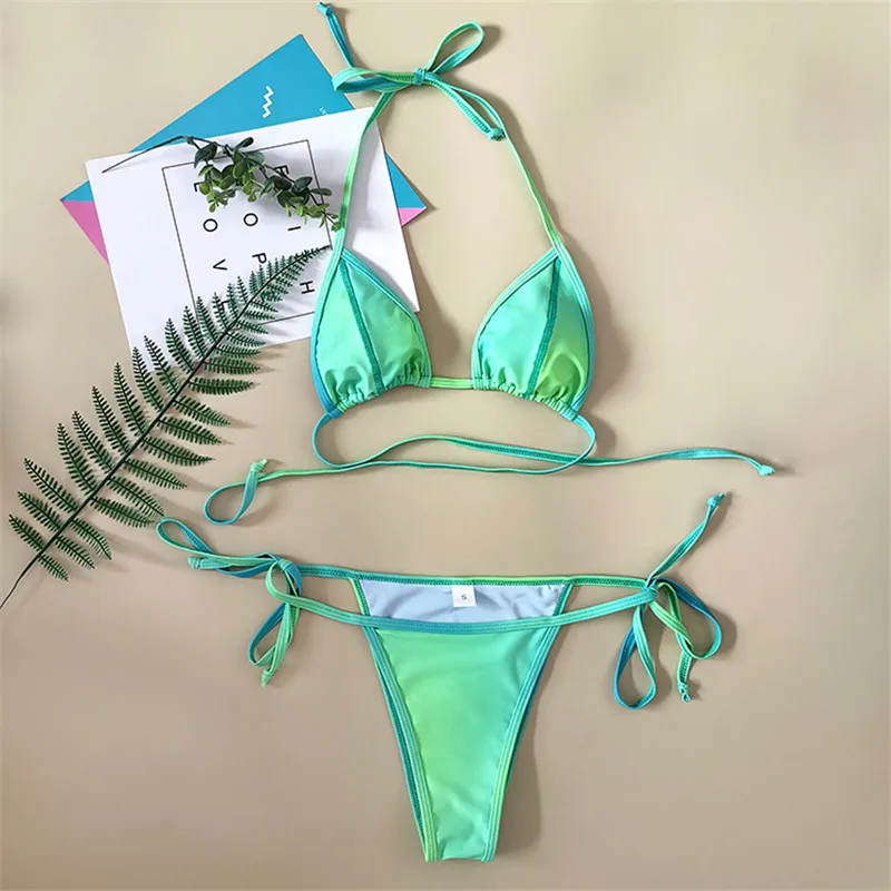 

Зеленый Tie Dye Print Thong Micro Bikinis De Mujer 2025 Сексуальный купальник Женский купальник с лямкой на шее Купальный костюм Мини-бикини Комплект