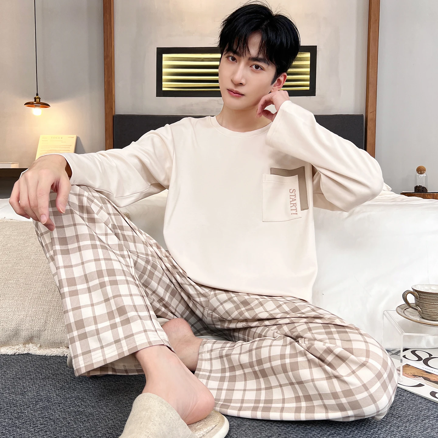 2 Pieces Set for Men O Neck Sleeping Top Trousers Home Clothes Male Big Size L-3XL Pjs Youth Boy Loungewear Dropship pyjamas