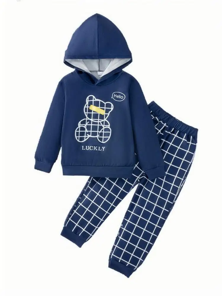 

Осенний Новый Детский свитшот с капюшоном и длинным рукавом с мишкой Тедди + Универсальные повседневные клетчатые брюки