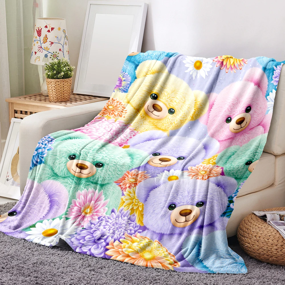 1PC Colorful Teddy Bear and Floral Print Blanket — Made of soft, fluffy flannel, perfect for a sofa, bed, or recliner. Ideal for