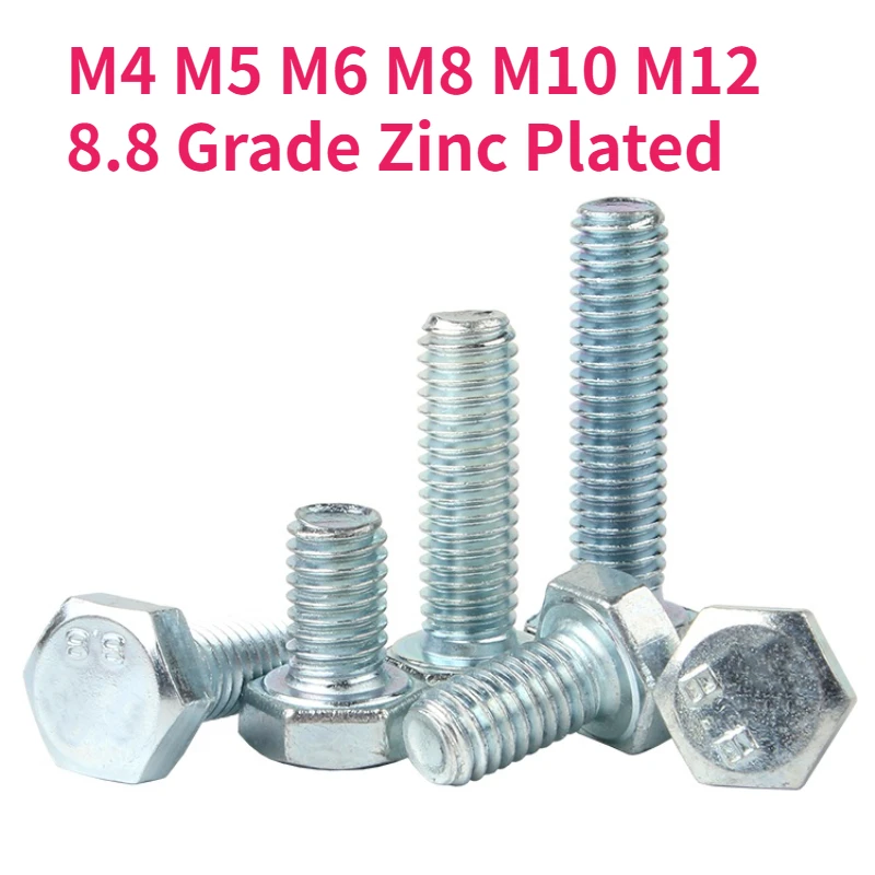 M4 M5 M6 M8 M10 M12 8.8 Grade Carbon Steel Zinc Plated Hexagon Head Bolt DIN933 GB5783 External Hex Hexagon Head Screws