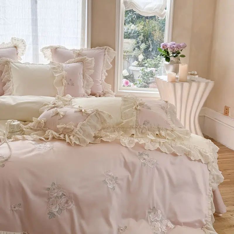 

1000TC Egyptian Cotton Flowers Embroidery Lace Ruffles Sweet Girl Bedding Set Duvet Cover Flat/Fitted Bed Sheet Pillowcases 4Pcs