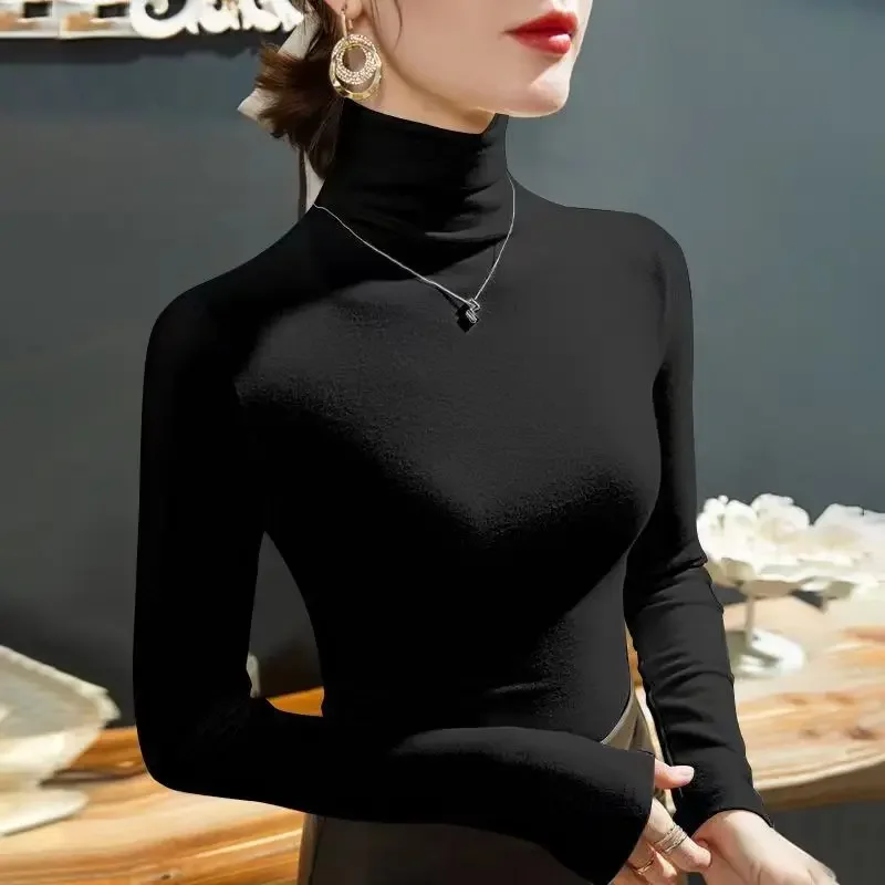 Wholesale Women's Autumn/winter New Style Versatile Solid Color Polo/turtle Neck Long Sleeve Double-sided Fleece Inner Top