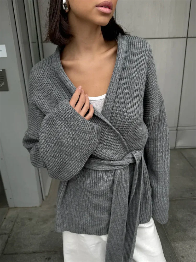 

Tossy Knit Lace-Up Ribbed Cardigan Coat Women V-Neck Loose Casual Elegant Nightwear Clothes Female Knitwear Sweaters Cardigan